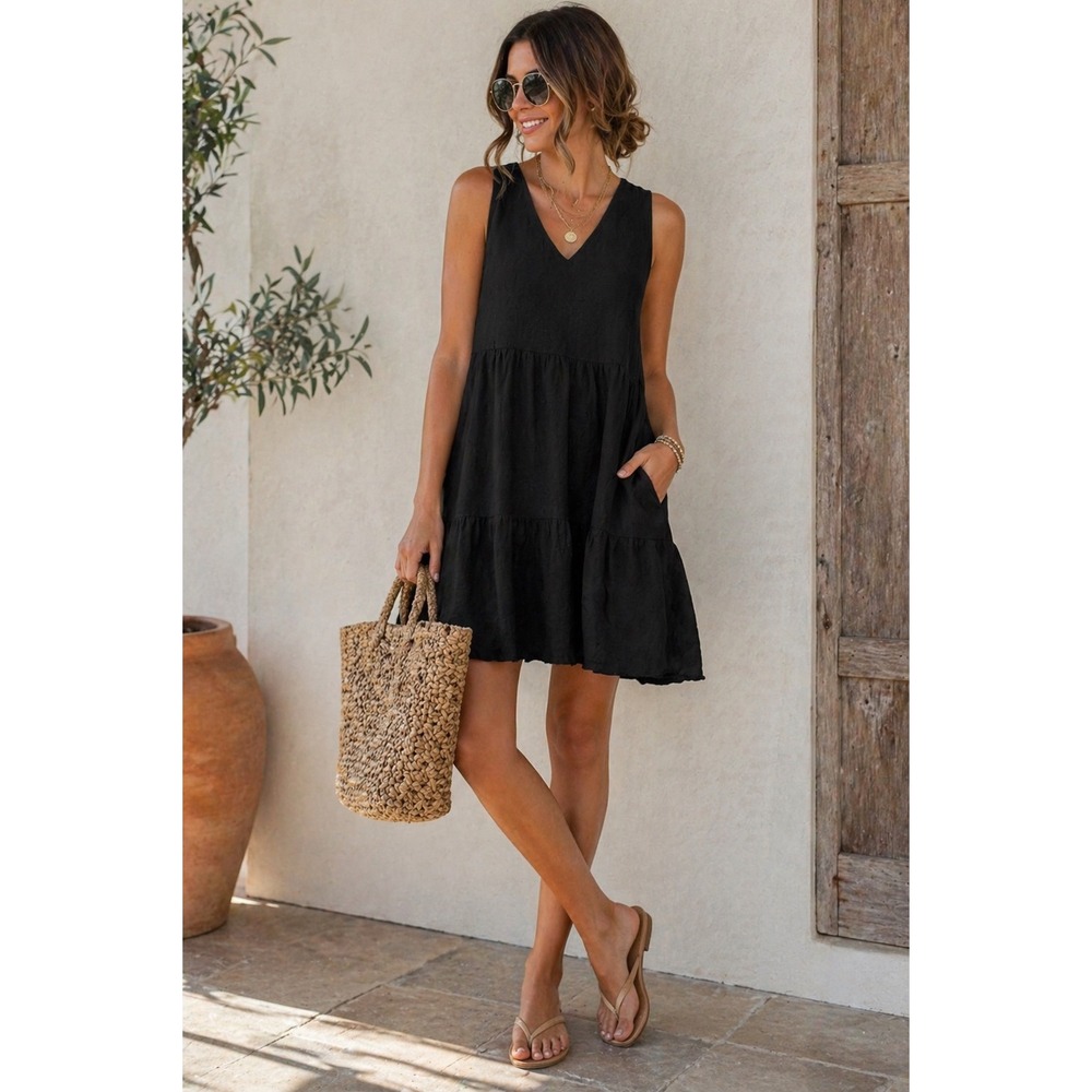 Black Linen Blend Dress Small Sleeveless V Neck Tiered Pockets Matty M Boho